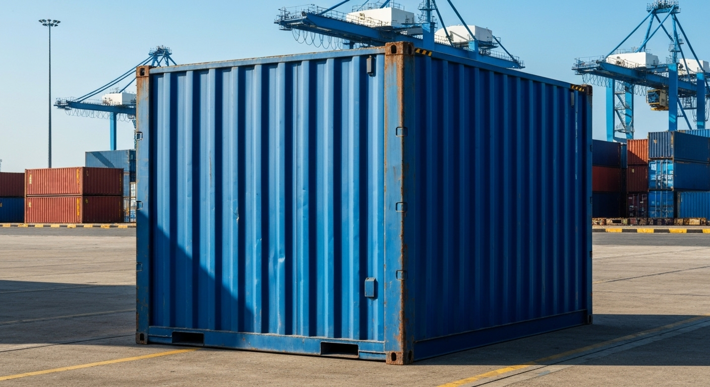 Blue corrugated steel shipping container on a dock in a bustling port.