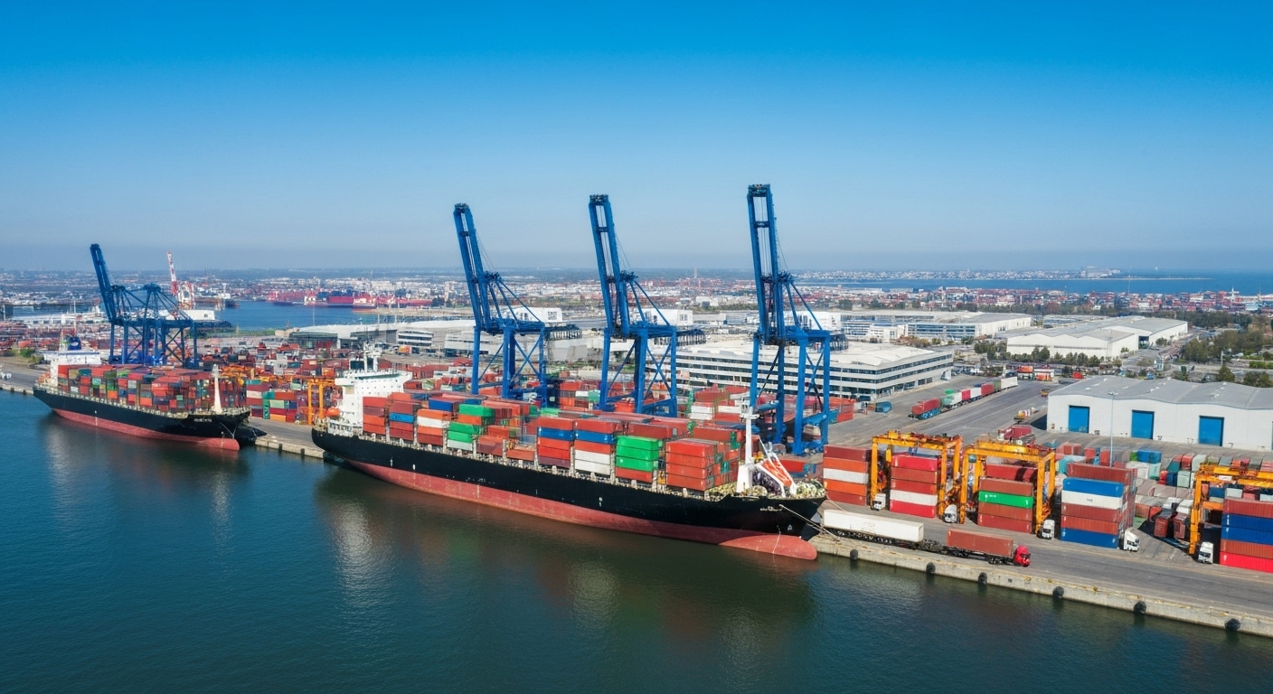 Infographic depicts container ships unloading cargo at a busy port with cranes.