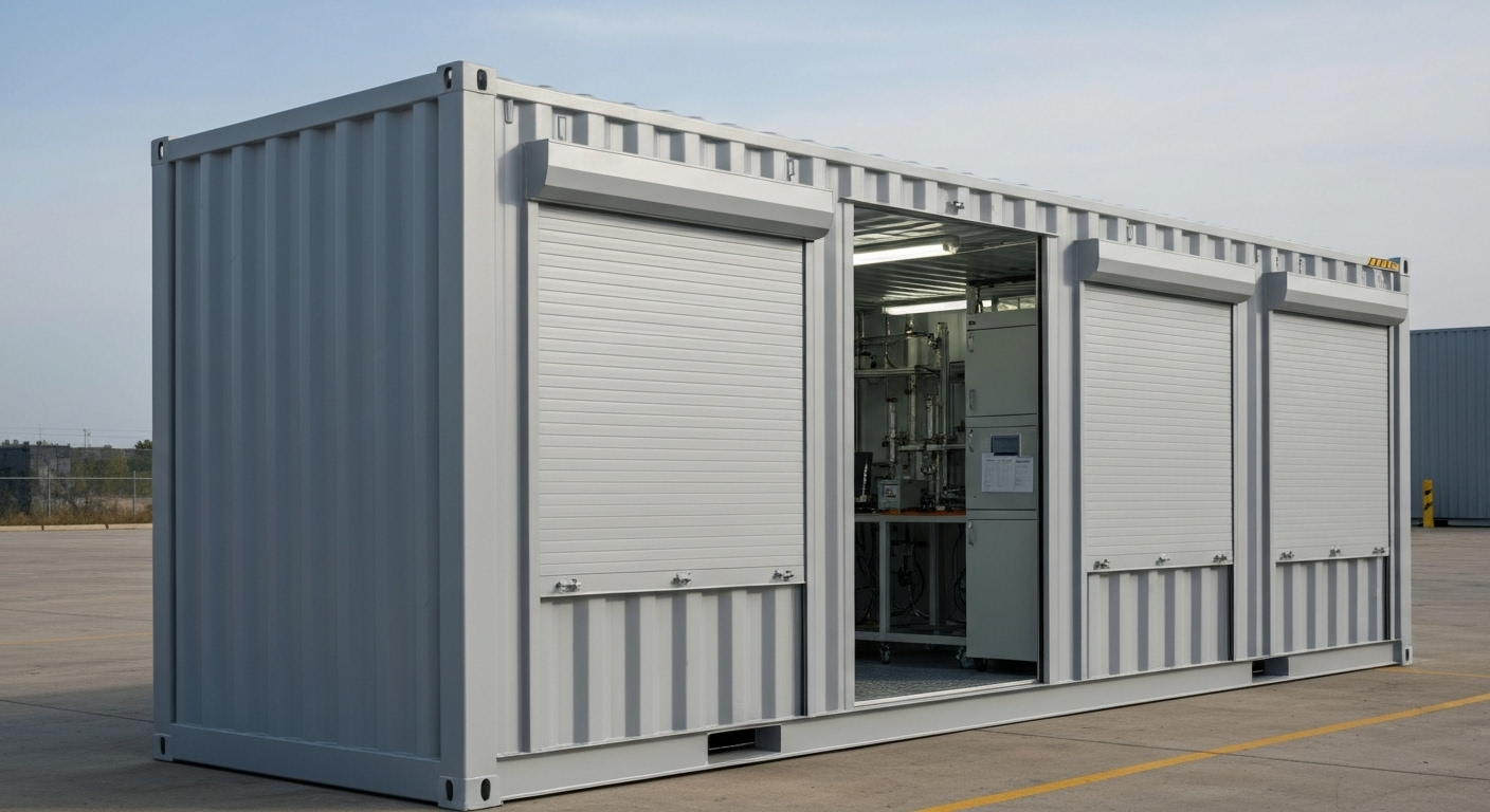 Modified shipping container serving as a mobile laboratory with roll-up doors and insulation.