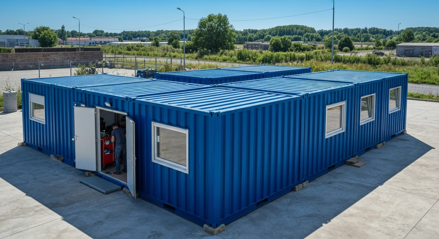 Four blue shipping containers combined into a workshop; industrial setting, daytime.